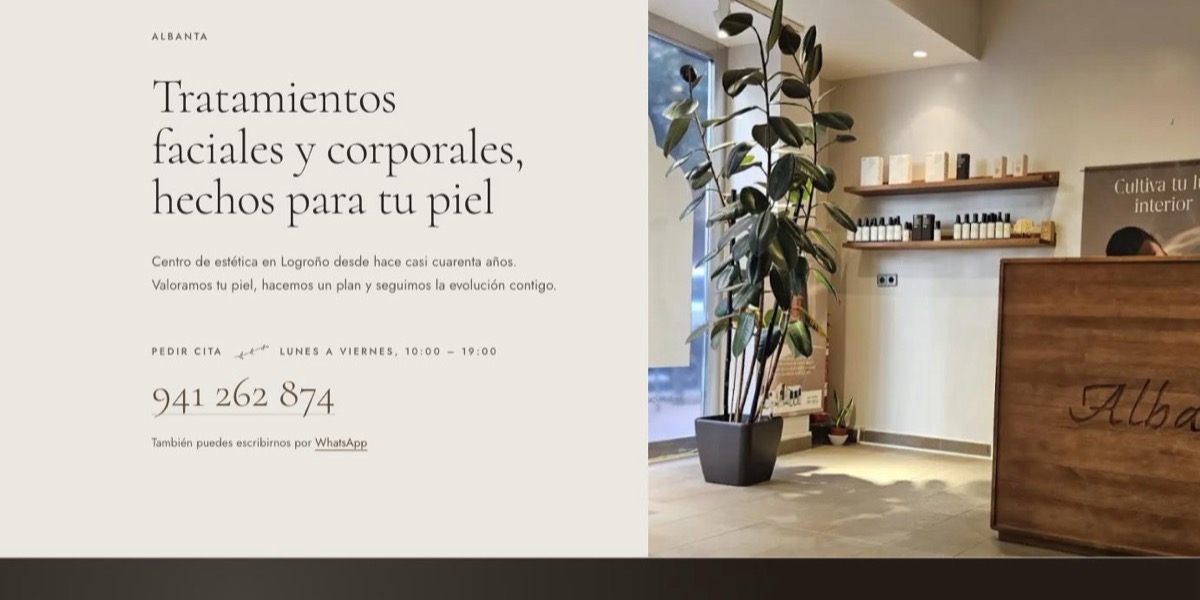 Portada de la web de Albanta: titular en tipografía serif sobre fondo greige y foto de la recepción del centro